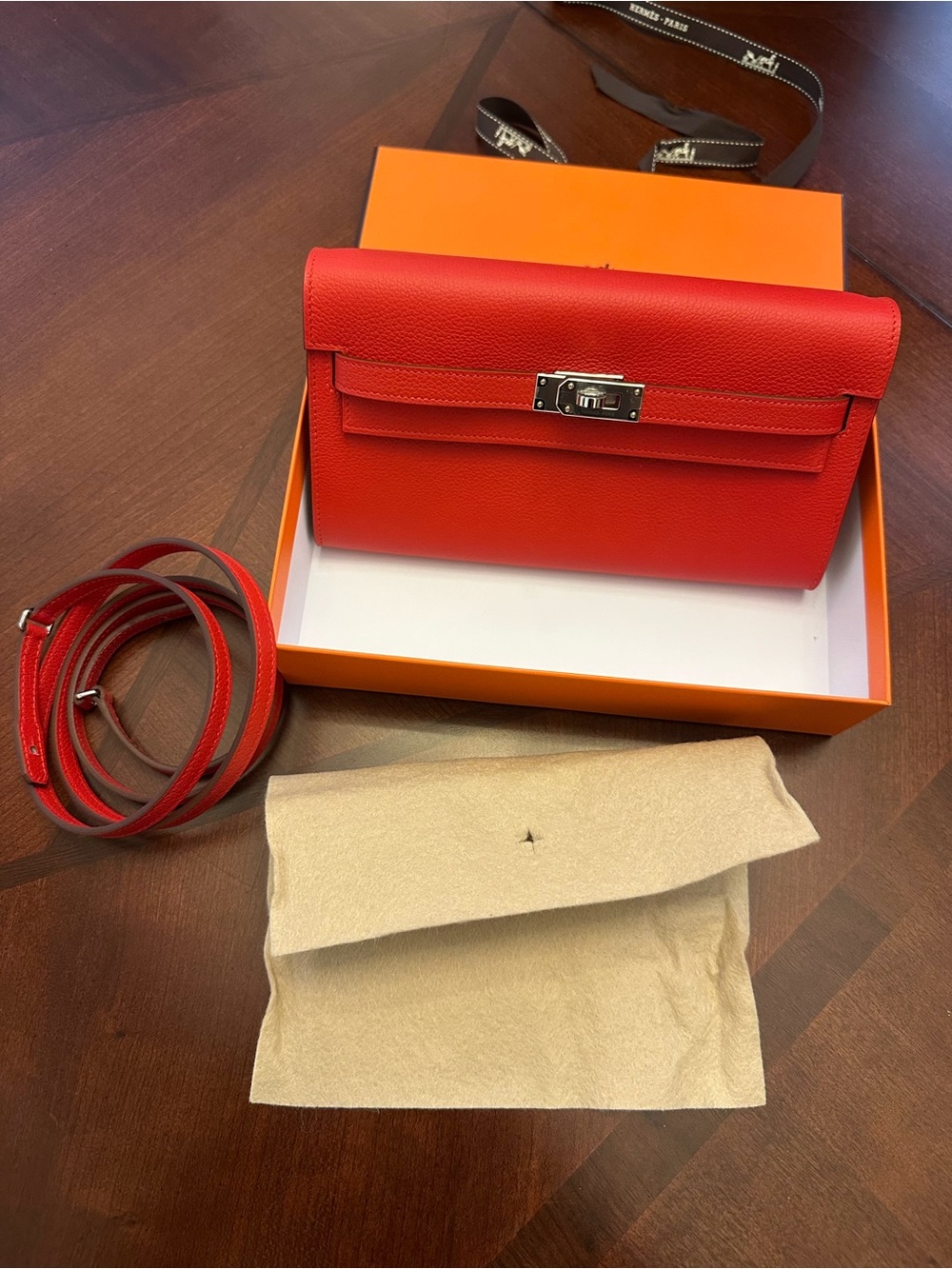 Hermes Red Kelly To Go Leather Crossbody Wallet with palladium  Hardware w/strap